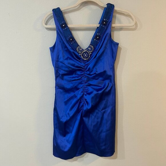 David Meister Royal Blue Satin Sequin Jewel Mini V-Neck Sleeveless Dress Size 2 - Picture 1 of 4